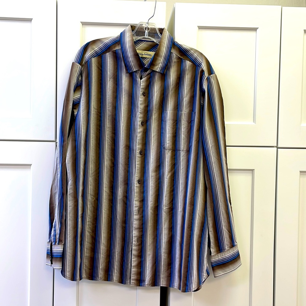 TOMMY BAHAMA MENS LONG SLEEVE SHIRT SIZE L 88% COTTON 12% SILK MULTI HUED STRIPE